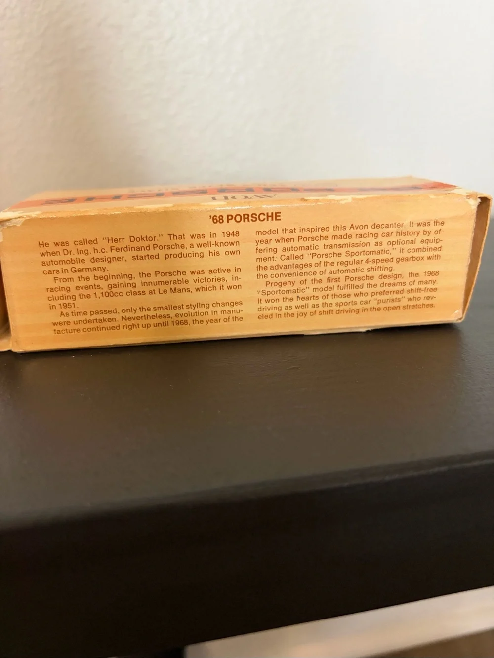 Vintage collectible Avon '68 Porsche Spicy After Shave - Orange and Cream Box